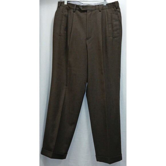 Titanus Cuseri Dress Pants Men's 34 100% Wool Pleated Brown Cuffs Relaxed Fit - Picture 1 of 11
